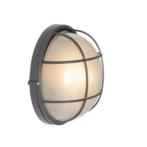 Runde anthrazitfarbene Außenwandleuchte mit Metallgitter und geriffeltem Glasdiffusor.