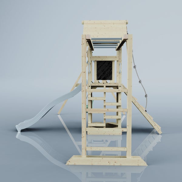 Spielturm aus Holz mit Rutsche, Kletterwand, Strickleiter und Reckstange für den Außenbereich