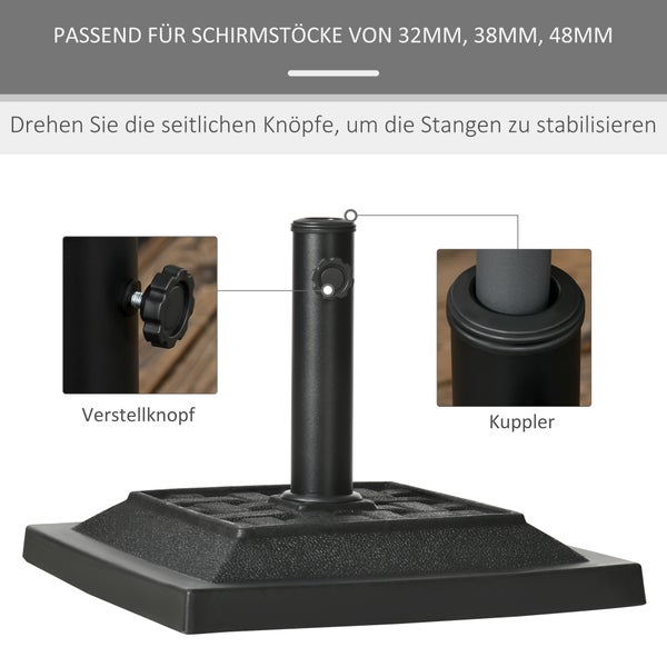 Outsunny Sonnenschirmständer 12 kg Schirmfuß für Ø32/38/48 mm Stangen, Schirmständer für Garten, Balkon, Kunstharz, Schwarz 44 x 44 x 33 cm