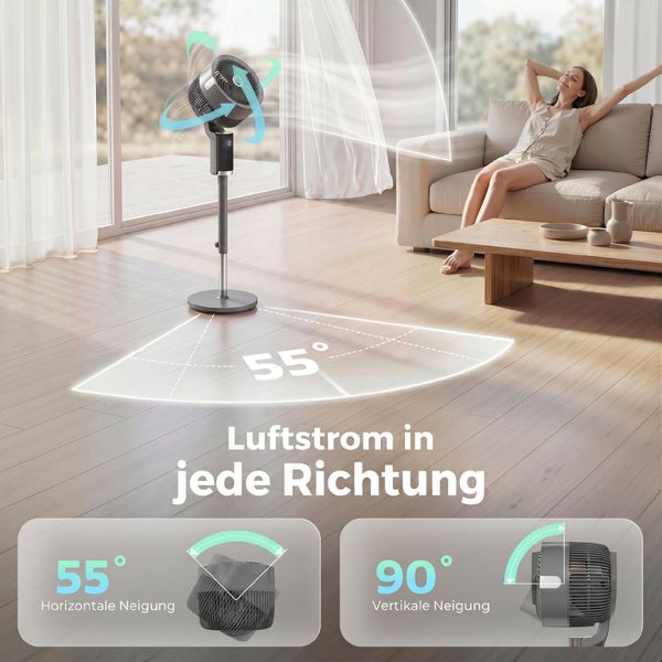 Moderner Standventilator im Wohnzimmer mit 55 Grad horizontaler und 90 Grad vertikaler Neigung für Luftstrom in jede Richtung.