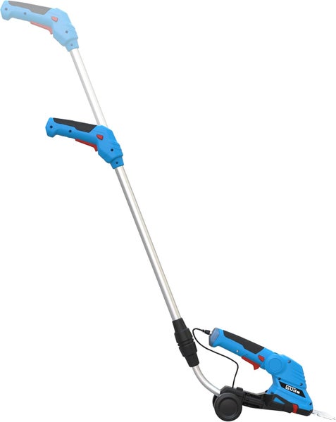 Güde Akku-Gras- und Strauchscheren-Set mit teleskopierbarem Führungsstiel und Laufrädern für ergonomisches Arbeiten.