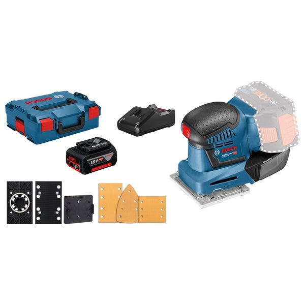 Bosch Akku-Schwingschleifer GSS 18V-10 / 1x 4,0 Ah Akku + Ladegerät inkl. Zubehör-Set in L-Boxx