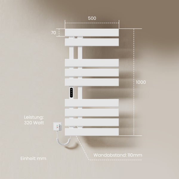 EMKE Elektrischer Badheizkörper 100x50 cm, Design-Handtuchheizkörper mit LCD-Display, Thermostat, Timer, Temperaturregelung, WiFi & App-Steuerung, 600W, Flachheizkörper für Bad, Glänzend Weiß, Linksanschluss