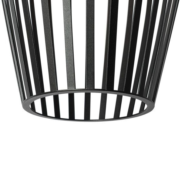 Detailaufnahme eines konisch geformten Lampenschirms aus Metallstreben.