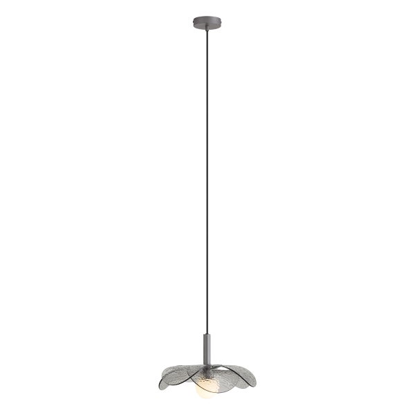 Moderne einflammige Pendelleuchte mit blütenförmigem Lampenschirm aus strukturiertem Glas und schmaler Abhängung