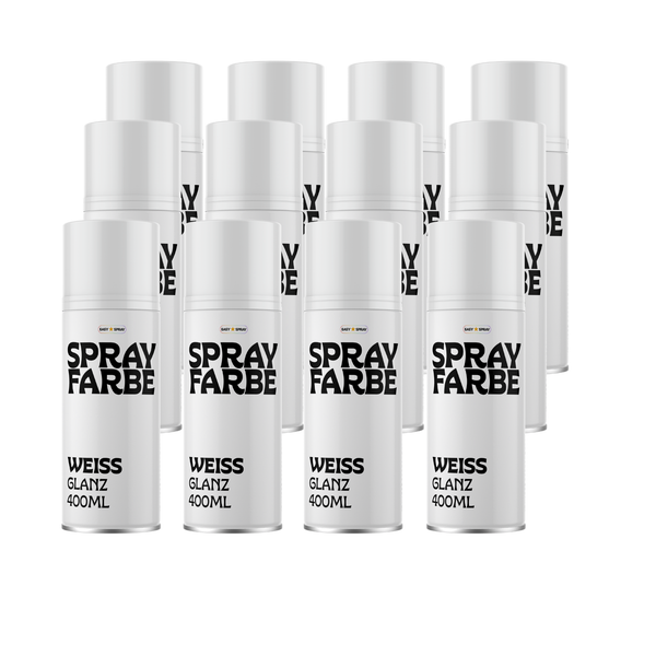 Zwölf Spraydosen Sprayfarbe in glänzendem Weiss mit jeweils 400 Milliliter Inhalt im Set.