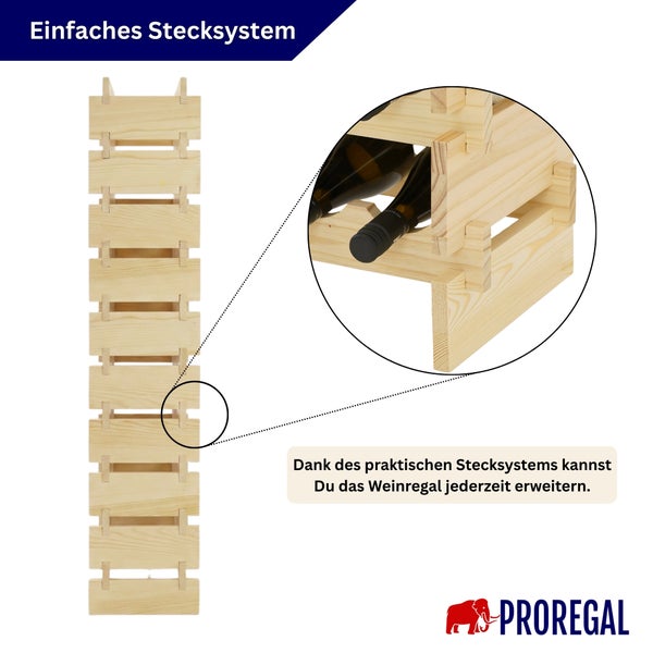 Modulares Weinregal aus Holz mit einfachem Stecksystem zur flexiblen Erweiterung.