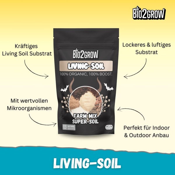 Bio2Grow Living Soil Substrat in einer schwarzen Verpackung