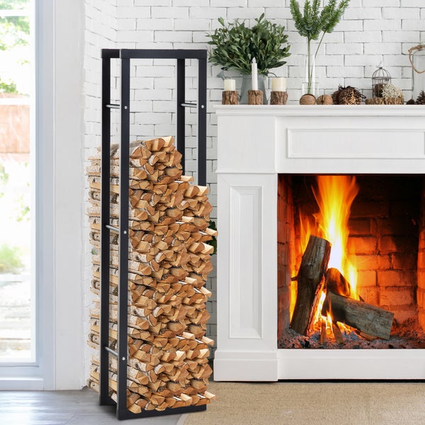 HOMCOM Kaminholzregal, für Innen und Außen,  40 x 25 x 150 cm, Metall, Schwarz
