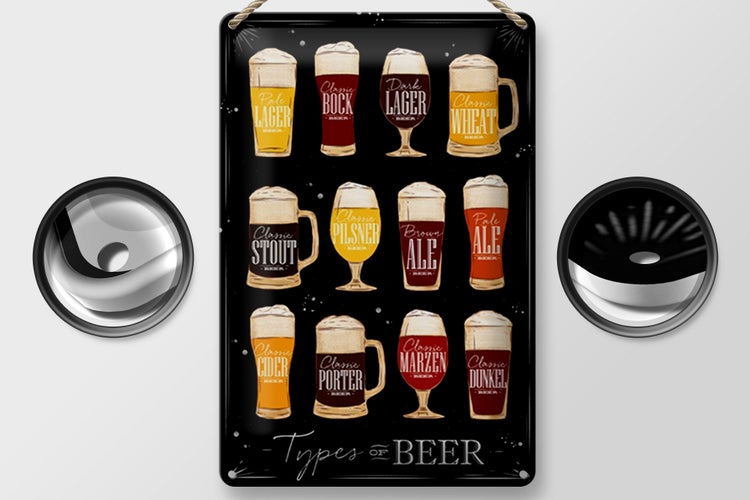 Blechschild Spruch 20x30cm Types of Beer Bier Sorten schwarz