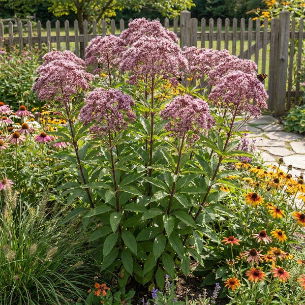 Blühender Wasserdost im Garten mit großen rosa-violetten Blütenständen und grünen Blättern vor einem Holzzaun.