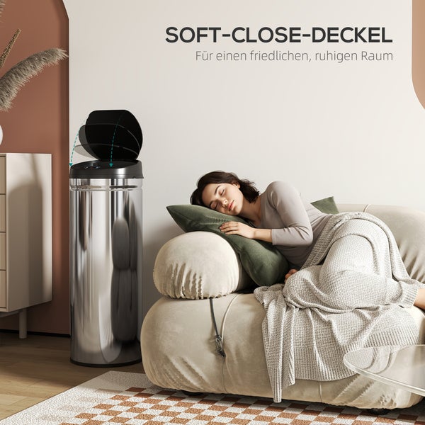 Szene mit Edelstahl-Treteimer mit Soft-Close-Deckel in einem friedlichen, ruhigen Raum.