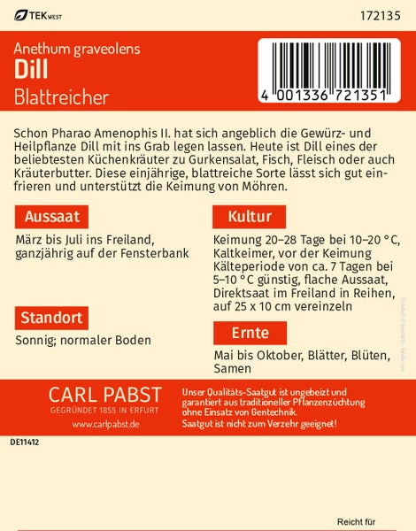 Rückseite einer Samentüte für Dill Blattreicher von Carl Pabst mit Informationen zu Aussaat und Ernte. TEKWEST Logo und Carl Pabst Logo.