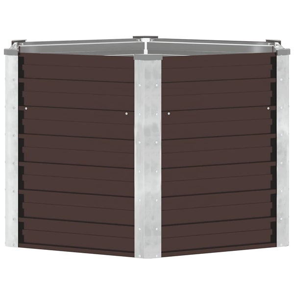 Modulares Hochbeet-Eckelement aus braunen WPC-Lamellen mit silbernen Metall-Eckpfosten.