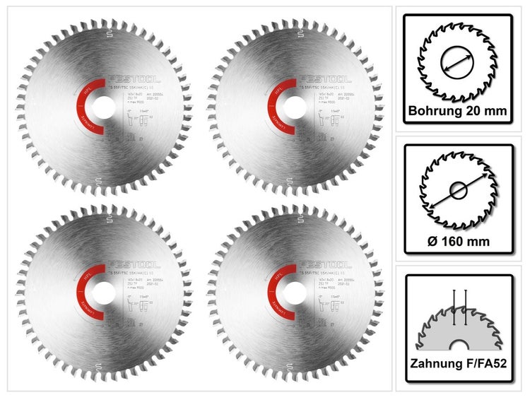 Festool Kreissägeblatt 4x Laminate/HPL HW 160 x 1,8 x 20 TF52 ( 4x 205554 ) für Tauchsägen TS 55 F, TSC 55 K & Handkreissägen HK 55, HKC 55