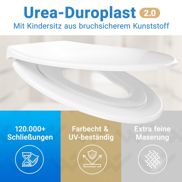 Toilettensitz aus Urea-Duroplast 2.0 mit Kindersitz aus bruchsicherem Kunststoff. Über 120000 Schließungen, ultraviolettbeständig, feine Maserung.