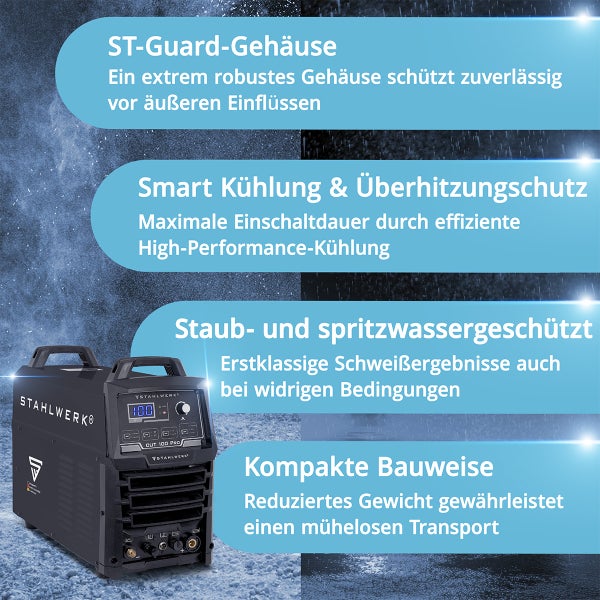 STAHLWERK CUT 100 Pro Plasmaschneider mit ST-Guard-Gehäuse, intelligenter Kühlung, Überhitzungsschutz, Staub- und Spritzwasserschutz sowie kompakter Bauweise.