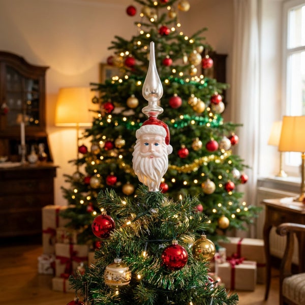 Weihnachtsbaumspitze mit Weihnachtsmann Gesicht auf einem geschmückten Tannenbaum im Wohnzimmer