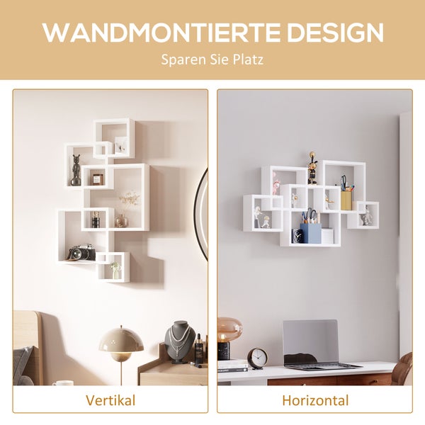 HOMCOM Wandregal Schwebende Hängeregal zur Wandaufbewahrung Wandboard mit 9 Fächern Wanddeko für Wohnzimmer, Schlafzimmer, Flur, Weiß