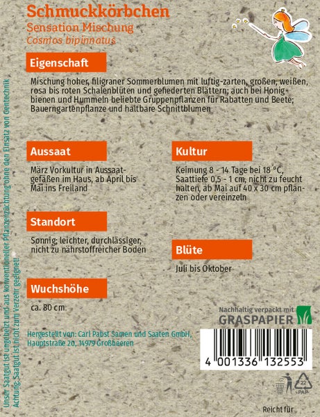 Rückseite der Samentüte Schmuckkörbchen Sensation Mischung mit Hinweisen zu Aussaat, Standort und Blüte auf nachhaltigem Graspapier.