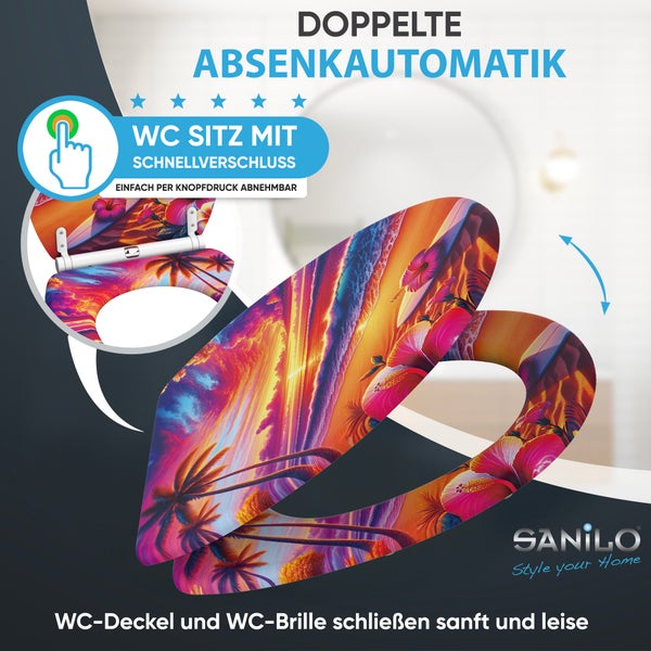 WC Sitz mit Absenkautomatik und Schnellverschluss im tropischen Motiv mit Palmen und Hibiskusblüten Sanilo Logo