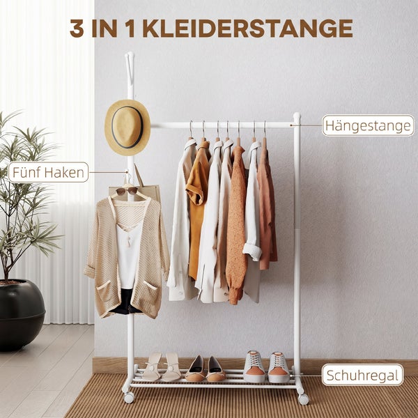 3 in 1 Garderobenständer mit Kleiderstange, fünf Haken und Schuhregal für organisierte Kleideraufbewahrung.