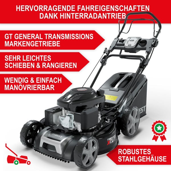 Benzin-Rasenmäher mit Hinterradantrieb, GT General Transmissions Markengetriebe, robustem Stahlgehäuse und hoher Wendigkeit.