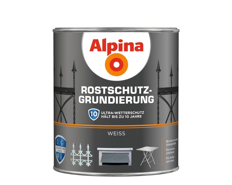 Alpina Rostschutz-Grundierung in Weiß für innen und außen mit bis zu 10 Jahren Wetterschutz.