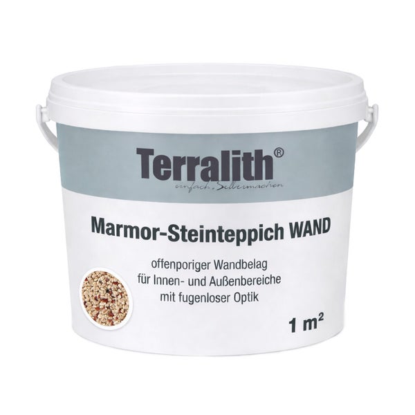 Terralith Logo. Weißer Eimer Marmor-Steinteppich Wand für Innen- und Außenbereiche, offenporig mit fugenloser Optik, für 1 Quadratmeter.