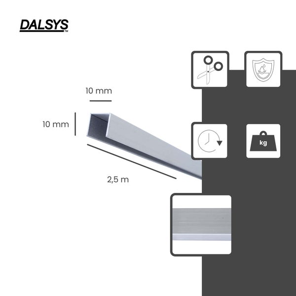 Dalsys Logo, U-Profil, 10 Millimeter mal 10 Millimeter, Länge 2,5 Meter. Symbole für kürzbar, wasserbeständig, schnelle Montage und belastbar.
