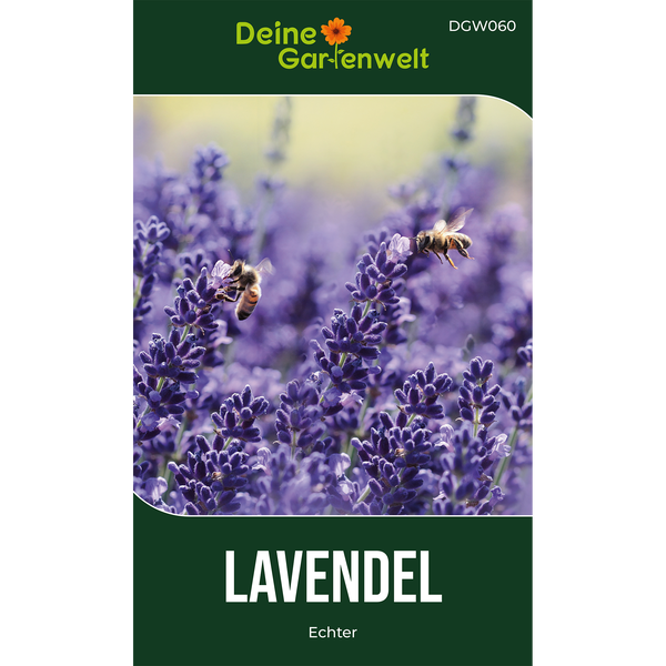 Samentüte für Echten Lavendel mit Nahaufnahme von Lavendelblüten und Bienen, Deine Gartenwelt Logo.
