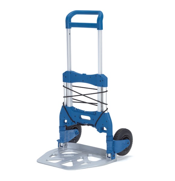 Zusammengeklappte blaue Sackkarre mit Gummirädern und silberner Plattform