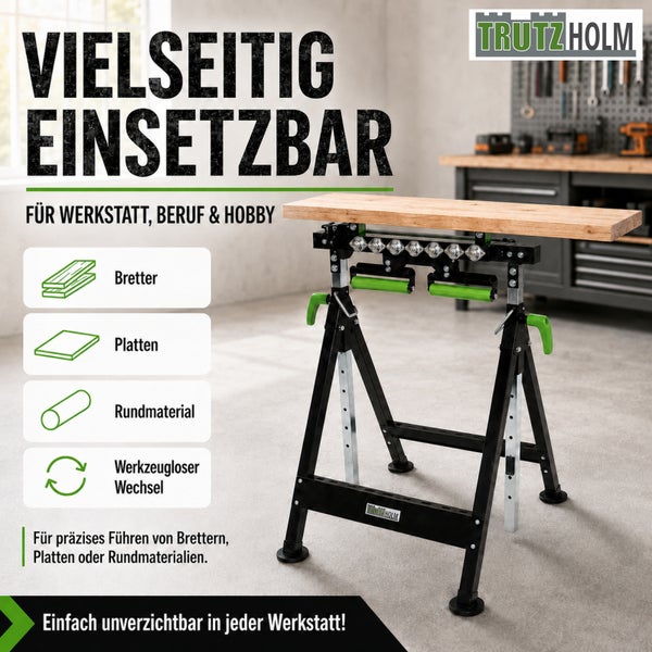 Trutzholm Logo. Höhenverstellbarer Mehrzweck-Rollbock mit Holzbrett in einer Werkstatt. Für Bretter, Platten, Rundmaterial und werkzeuglosem Wechsel.