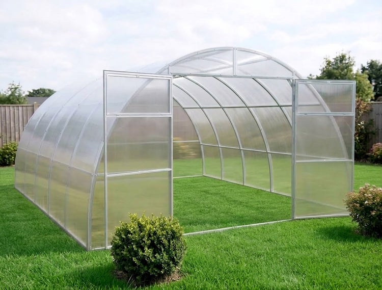 Großes Gewächshaus mit Aluminiumrahmen und Stegdoppelplatten im Garten auf einer Rasenfläche mit geöffneten Flügeltüren.