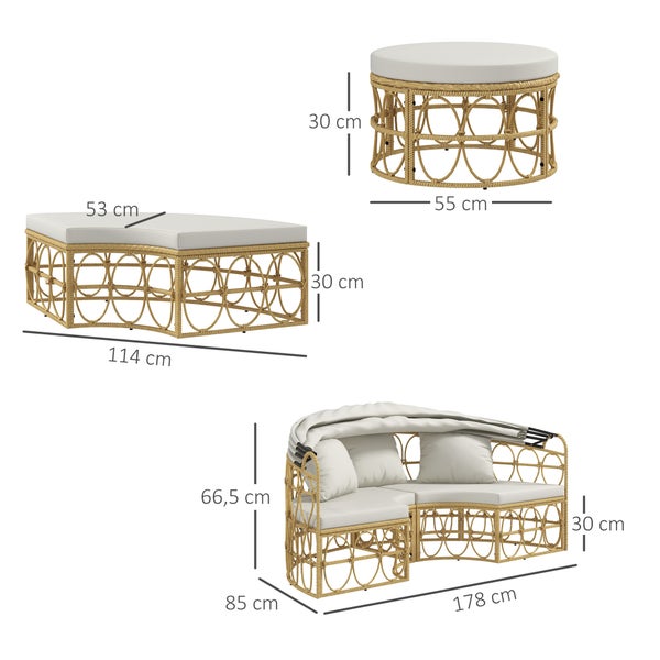 Outsunny Sonneninsel, 4-tlg. Muschel Gartenmöbel-Set mit klappbarem Verdeck, Zweisitzer, Bank, Couchtisch, Gartenlounge Set, Sitzgruppe für Outdoor, Creme