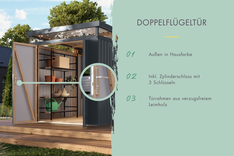 Gartenhaus aus Metall mit geöffneter Doppelflügeltür, Regalsystem im Innenraum und Detailansicht eines Zylinderschlosses.