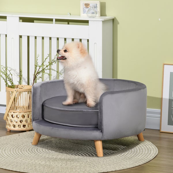 PawHut Hundesofa, Haustiersofa mit Samtoptik, Katzensofa mit Kissen, Hundebett, Hundecouch mit Erhöhtem Design, Hundesessel mit Holzbeine, Grau, 68 x 68 x 35 cm