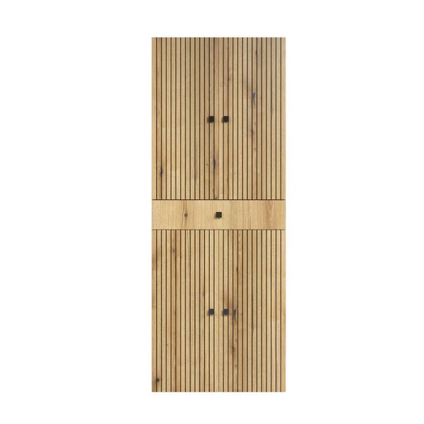 Hoher Schrank in Holzoptik mit Lamellenfront und einer Schublade sowie zwei Türen mit quadratischen Griffen.
