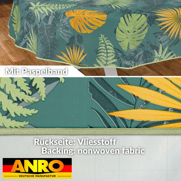 Tischdecke mit Deko-Blätter-Motiv und Paspelband sowie Rückseite aus Vliesstoff