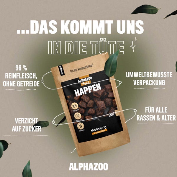 ALPHAZOO Happen Ente 200g für Hunde I Große Hundeleckerli I Getreidefrei und Natürlich