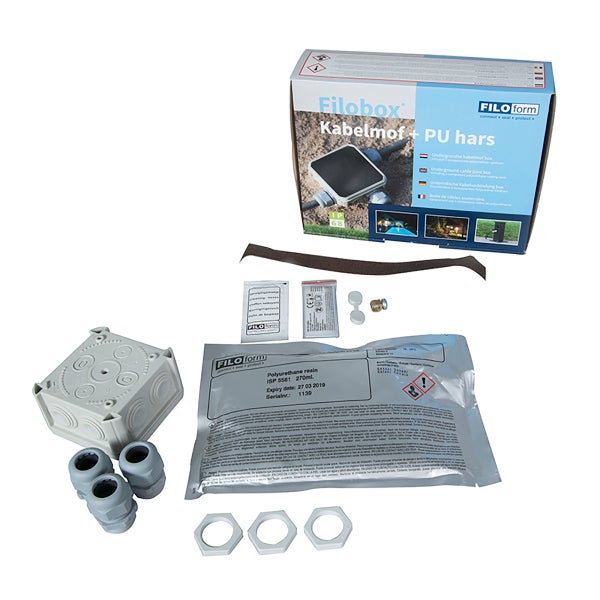 Filoform Filobox Kabelabzweigkasten Set mit Gießharz, Kabelverschraubungen und Zubehör für wasserdichte Kabelverbindungen.