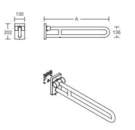 Maßzeichnung eines Stützklappgriffs für das Badezimmer mit den Maßen 130 Millimeter, 202 Millimeter, 136 Millimeter und variabler Länge A.