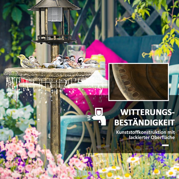 Outsunny Vogeltränke Stehend, Vogelbad aus Kunststoff mit Solarleuchte, Vogelfutterspender, Vogelbecken mit Blumensockel, Wildvogeltränke für Garten, Balkon, 110 cm Höhe, Bronze