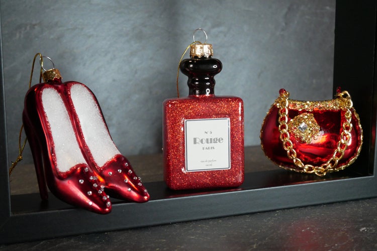Set Lady in Red - High Heels 9cm, Handtasche 6cm, Parfümflasche 9cm, 3 Stck., Weihnachtsbaumkugeln, Christbaumschmuck, Weihnachtsbaumanhänger