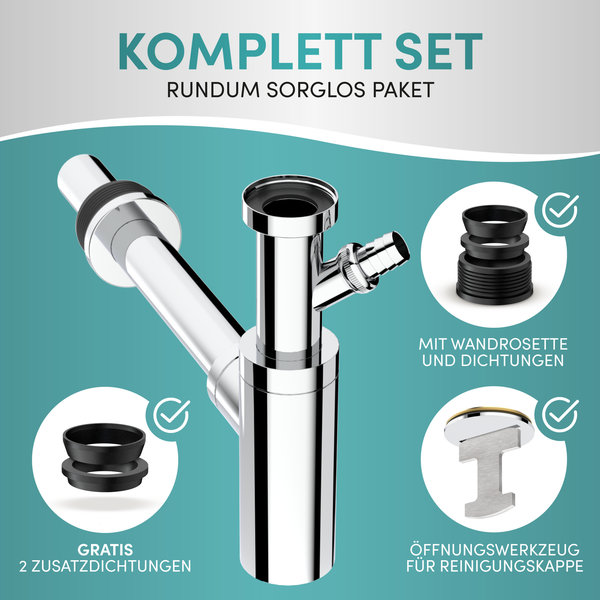 Engelbach® Design Siphon für Waschbecken & Waschtisch - Mit Reinigungsöffnung - r 1 1/4 - inkl. Gummimanschette und Anleitung