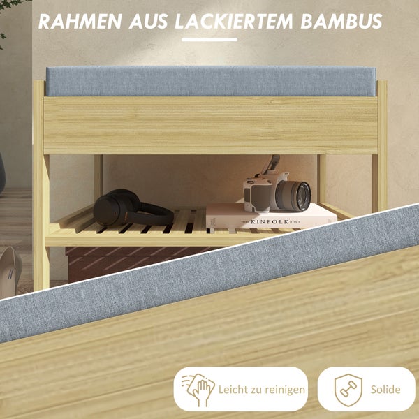 HOMCOM Schuhbank mit 2 Etagen, Sitzbank mit Schublade, Schuhregal, Garderobenbank für 4 Paar Schuhe, für Diele, Flur, Bambus, Natur, 55 x 35 x 46 cm