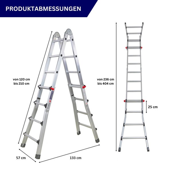 Aluminium-Treppenleiter mit drei Funktionen steht auf einer Treppe vor einem Gebäude.