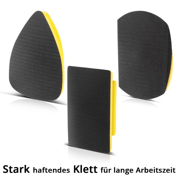 Drei Handschleifer in verschiedenen Formen mit stark haftendem Klettverschluss für Schleifpapier.