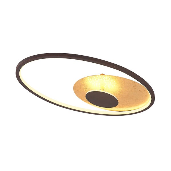 Moderne ovale LED-Deckenleuchte mit rostfarbenem Metallrahmen und goldfarbenem, strukturiertem Dekorelement.