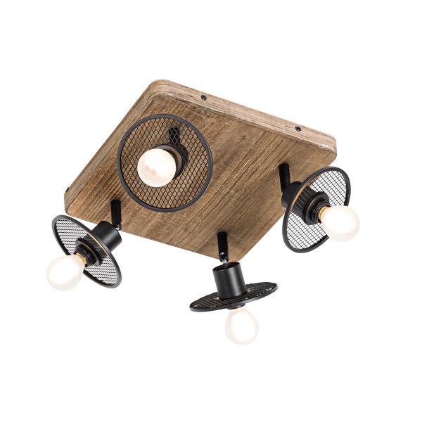 Deckenleuchte mit Holzplatte und vier Leuchten mit schwarzen Lampenschirmen